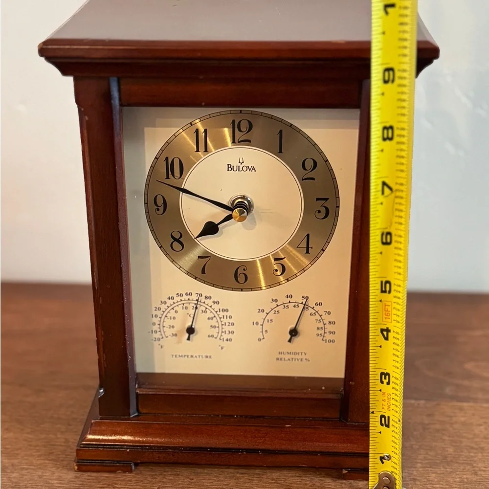 Vintage Bulova Gold and Brown Mantle Clock with Thermometer and Hygrometer